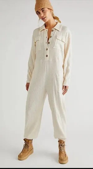 Free People Beach Calico One-Piece Button Front Jumpsuit Sz M thumbnail 1