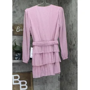 NWT B. Darlin Metallic V-Neck Belted Ruffled Tiered Sheer Sleeved Dress Pink 5/6 thumbnail 5