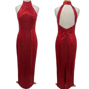 Vintage 90s Sequined High Neck Gown Open Back Maxi Dress Red Womens 8 thumbnail 2