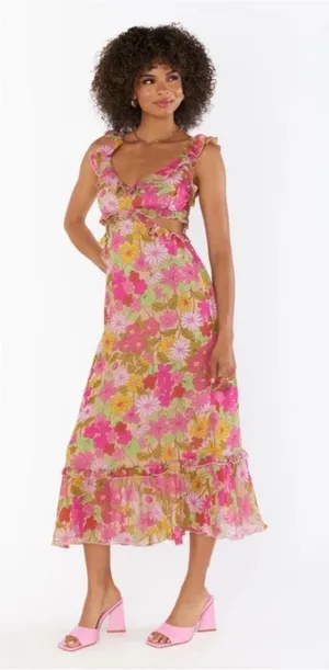 Show Me Your MuMu Pink, Yellow & Green Floral Ruffle Midi Dress thumbnail 1