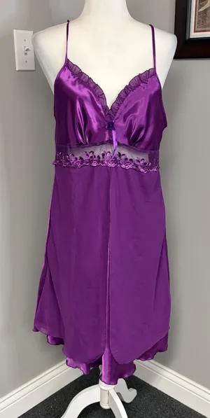 Purple Satin Mesh Lace Trim Chemise Nightgown Lingerie Slip Dress Purple thumbnail 1