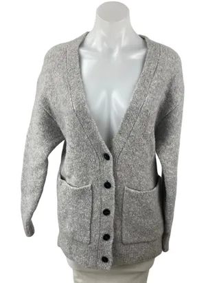 Aritzia Wilfred Dorothy Gray Wool V Neck Long Sleeve Cardigan Sweater Top Sz 2XS thumbnail 1