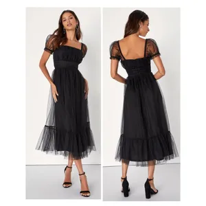 Lulus Flawless Aura Black Tulle Puff Sleeve Ruffled Midi Dress Size XL Formal thumbnail 2