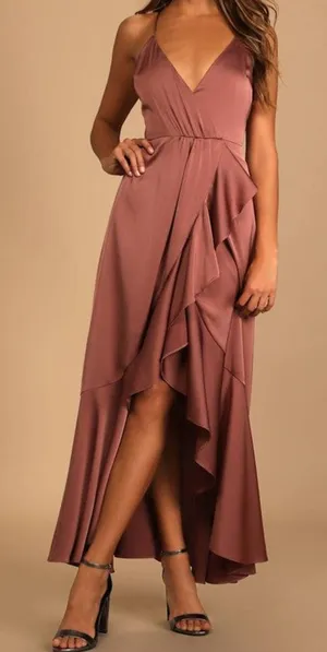 NEW Lulus Enchanted Moments Mauve Pink Satin Ruffled High-Low Dress Medium thumbnail 1
