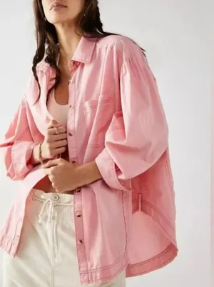 NWOT FREE PEOPLE Freya Poplin Tunic Button Down Blouse Pink thumbnail 1