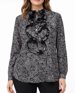 Lauren Ralph Lauren Black White Paisley Ruffle Front Long Sleeve Blouse Sz S thumbnail 1