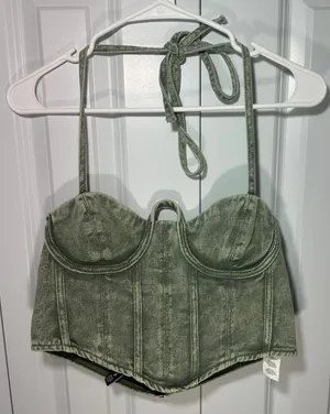 PrettyLittleThing Corset Top 10 Green‎ Acid Denim Halter Bustier Fairy Grunge thumbnail 1
