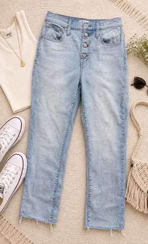 Madewell High Rise Slim Crop Boyjean 25‎ Light Wash Button Fly Raw Hem Jeans thumbnail 1