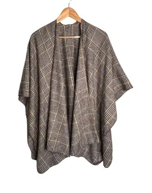 Beige Checkered Shawl 6 Feet Wide Viscose Beige Brown Yellow Retro Preppy thumbnail 1