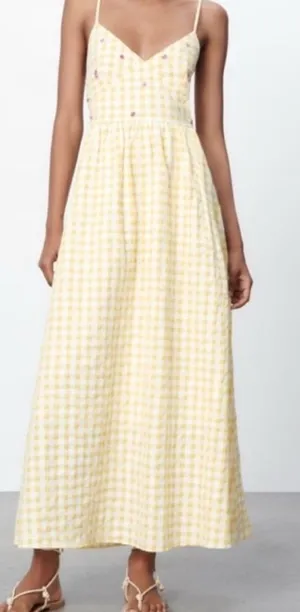 NWT ZARA Gingham Dress Yellow White XXLarge Beaded Open Back thumbnail 1