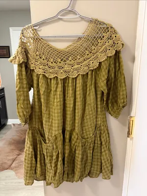 Entro Olive Green Gingham & Crochet Boho Tunic Dress S thumbnail 2