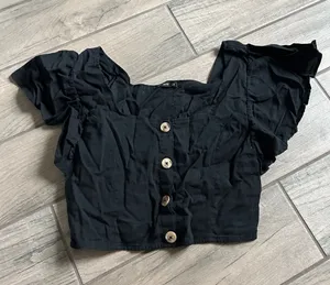 Cotton On Black Ruffle-Sleeve Button Crop Top thumbnail 1