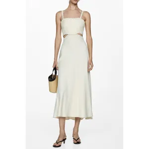 Mango Cutout Maxi Dress Women 2 Cream Scalloped Embroidered Trim Minimalist Boho thumbnail 4
