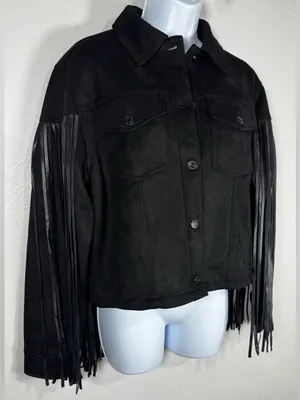 Juicy Couture Black Faux Suede Fringe Trucker Jacket Size Medium thumbnail 8