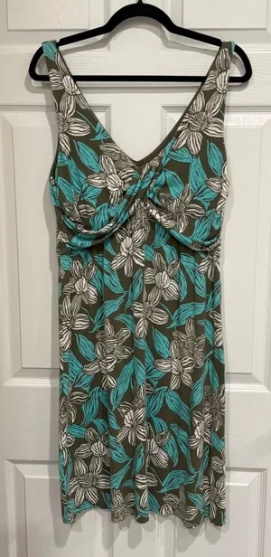 Tommy Bahama Floral Twist Front V-Neck Dress Olive Turquoise‎ White Size L thumbnail 1