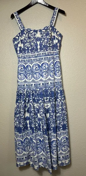Antonio Melani Blue White Mediterranean Tile Print Midi Dress Square Neck Size 6 thumbnail 1