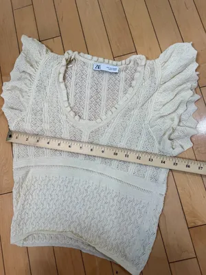 Zara Women's Crochet Knit Top with Ruffle sleeves Cream Size Small thumbnail 6