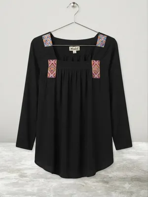 🌸Mudd  Boho Black Embroidered Square Neck 3/4 Sleeve Peasant Top Medium NWT thumbnail 2