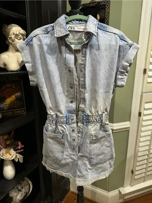 ZARA Light Blue Acid‑Wash Denim Romper – Size XS (Fits Small) thumbnail 2