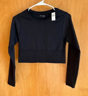OFFLINE by Aerie Black Seamless‎ Ribbed Cropped Long Sleeve Top M M thumbnail 1