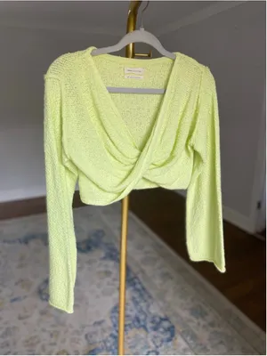 Urban Outfitters Neon Lime Cropped Top Knit Drape Front Sweater Festival Boho S thumbnail 2