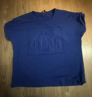Blue “Vivre Paris” Embossed Graphic T-Shirt | Short Sleeve Casual Tee thumbnail 1