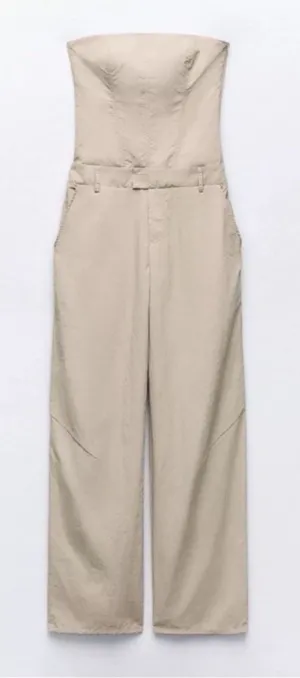 Zara Strapless Off The Shoulder‎ Nylon Jumpsuit, Khaki, Size Xs Bloggers Fav thumbnail 1