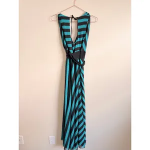 Eva Franco Maxi Dress Womens 6 Teal Black Striped‎ V-Neck Chiffon Gown CF338-H thumbnail 5
