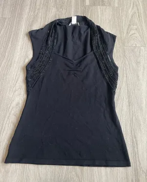 White House Black Market Black Beaded V-Neck Sleeveless Top thumbnail 1