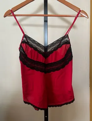 VTG Coy 90s Y2K Red Satin‎ Cami Black Lace Trim Babydoll Tank Top Camisole Small thumbnail 1