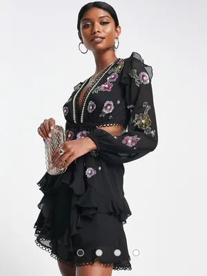 ASOS DESIGN black ruffle mini dress floral sequin pearl embellishment size 6 thumbnail 3