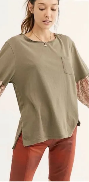 Free People We The Free Jade Top‎ Women Medium Army Boho Paisley Mixed Media Tee thumbnail 1