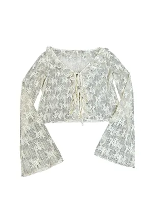 Cream Lace Ruffle Tie Front Cardigan Blouse Flare Sleeve Boho Cottage Feminine thumbnail 4