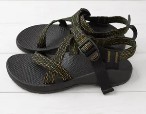 Chaco Z1 Cloud Vibram Black Open Toe Sandals with Green/Gold Pattern Straps thumbnail 1