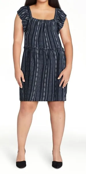 Time and Tru Womens Dress Dark Navy Stripe Size XL Square Neck Mini Linen thumbnail 1