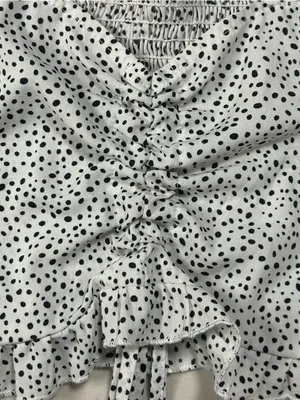 SHEIN White Black Polka Dot Ruched Tie Front Puff Sleeve Crop Top Size M thumbnail 4