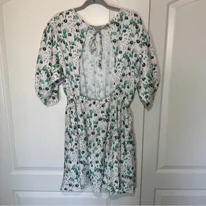 NWT Melloday Floral Print‎ Open Back Dress Teal White Babydoll Peplum Size: XL thumbnail 3