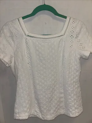 Ett:Twa By Anthropology White Button Front Eyelet Blouse Classic Square Neckline thumbnail 5