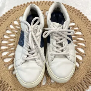 Tory Burch Carter Glitter Sneaker Women's Size 7M Lace Up White Blue thumbnail 3