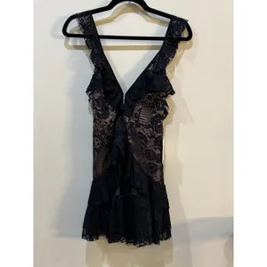 For‎ Love & Lemons Tati Lace Mini Ruffle Dress Black Size Medium Lace Sexy thumbnail 6
