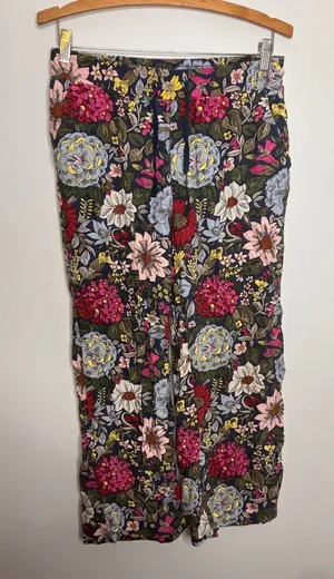 LOFT Floral Wide Leg Pants Women SP Navy Blue Excellent Drawstring Pockets thumbnail 1