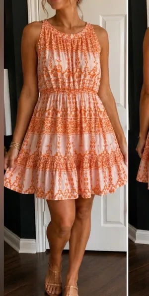 BTFBM Orange Pink boho dainty coastal resort Halter Open Back Mini Dress Large y thumbnail 1