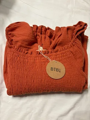 BiBi Rust Smocked Off-Shoulder Gauzy Cotton Peasant Blouse Coquette SZ L NWT thumbnail 7