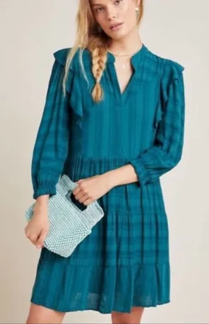 Anthropologie amadi Rossi ruffle dress long sleeve green sz s‎ thumbnail 1