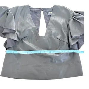 Maeve‎ Anthropologie Black Faux Leather Ruffle Sleeve V-Neck Crop Top XXS thumbnail 6