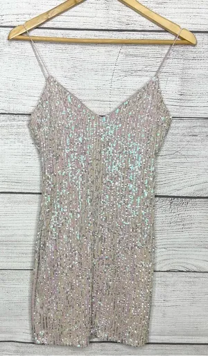Iridescent Blush Sequin Sparkle Mini Slip Dress Size Small Party Glam Cocktail thumbnail 1