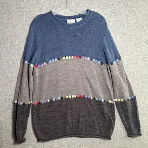 Blair Womens Large Sweater Colorblock Cotton Blend Long‎ Sleeve Blue Gray Round thumbnail 1