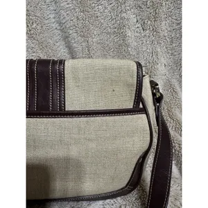 Etienne Aigner Purse~ Beige Linen Blend~Burgundy Trim~Snap Close Gold Hardware thumbnail 5