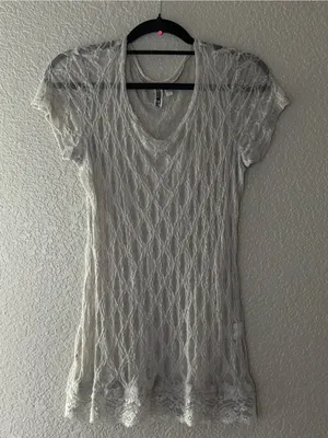 Buckle Vintage Y2K Gray Shimmer Sheer Lace Top Fairycore Whimsigoth Large thumbnail 5