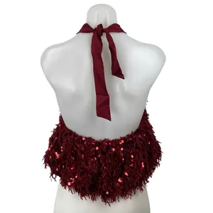 Zara Women's Red Sequin Fringe Halter Sleeveless Open Back Blouse Top Size S thumbnail 4